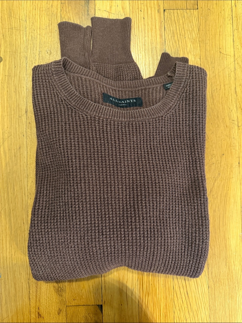 AllSaints Men’s Brown Waffle Crewneck Sweater